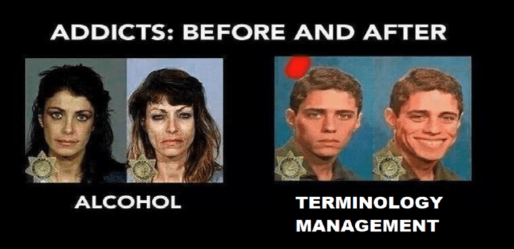 A comparison meme showing drug addicts' before and after images. On the left is a woman who has been negatively affected by alcohol use. On the right is a man who has been positively affected by terminology management.