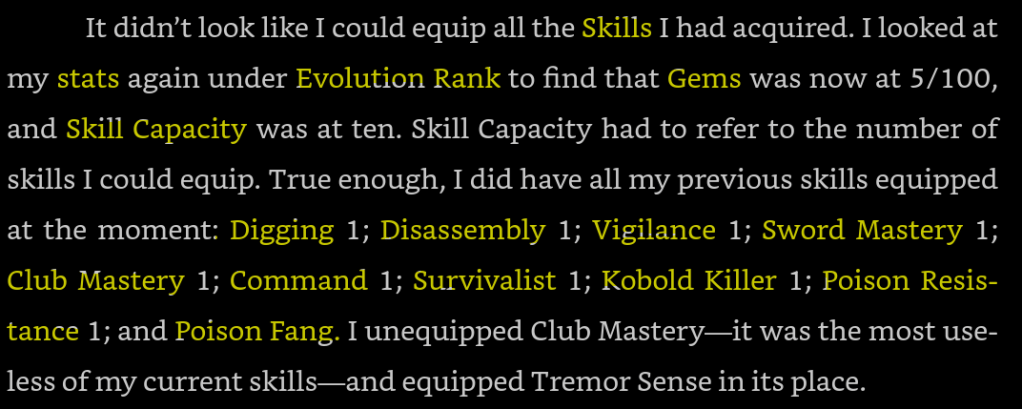 Screenshot from the light novel for Reincarnated as a Sword. Every proper noun is highlighted, and boy, are there a lot of them.