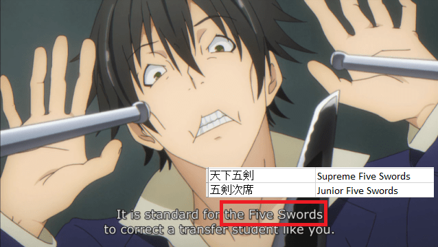 A screenshot from Armed Girls Machiavellism. The subtitle reads "It is standard for the Five Swords to correct a student like you." Five Swords is highlighted, and a screenshot of the entry in the term base is placed above it.