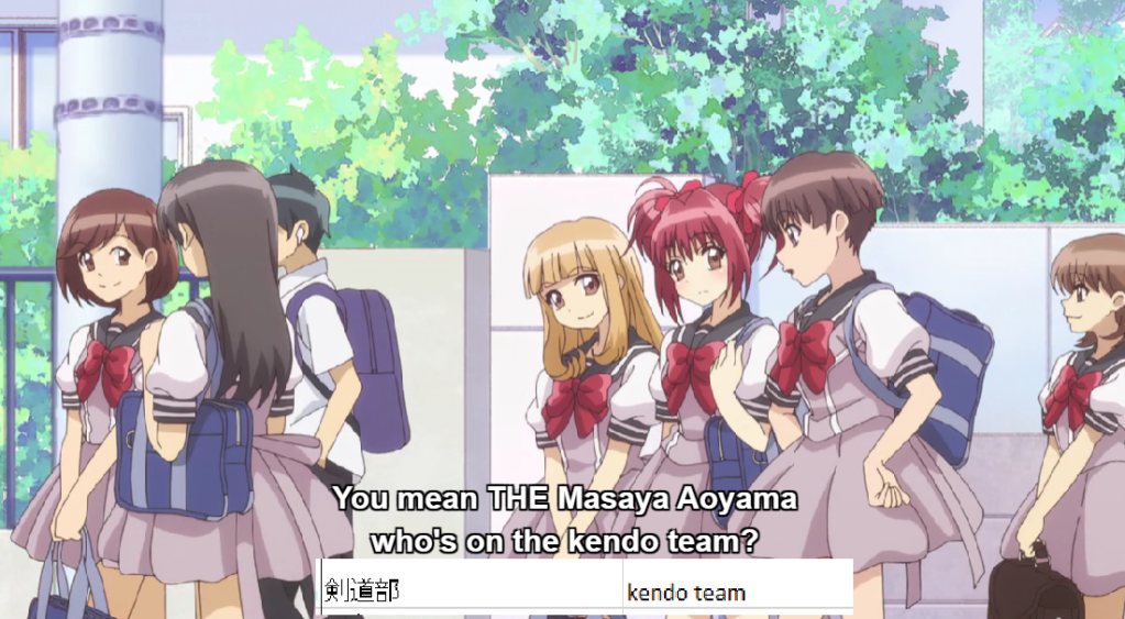 A screenshot from Tokyo Mew Mew New. The subtitle reads "You mean THE Masaya Aoyama who's on the kendo team?" A screenshot of the term list entry for 'kendo team' is placed below.