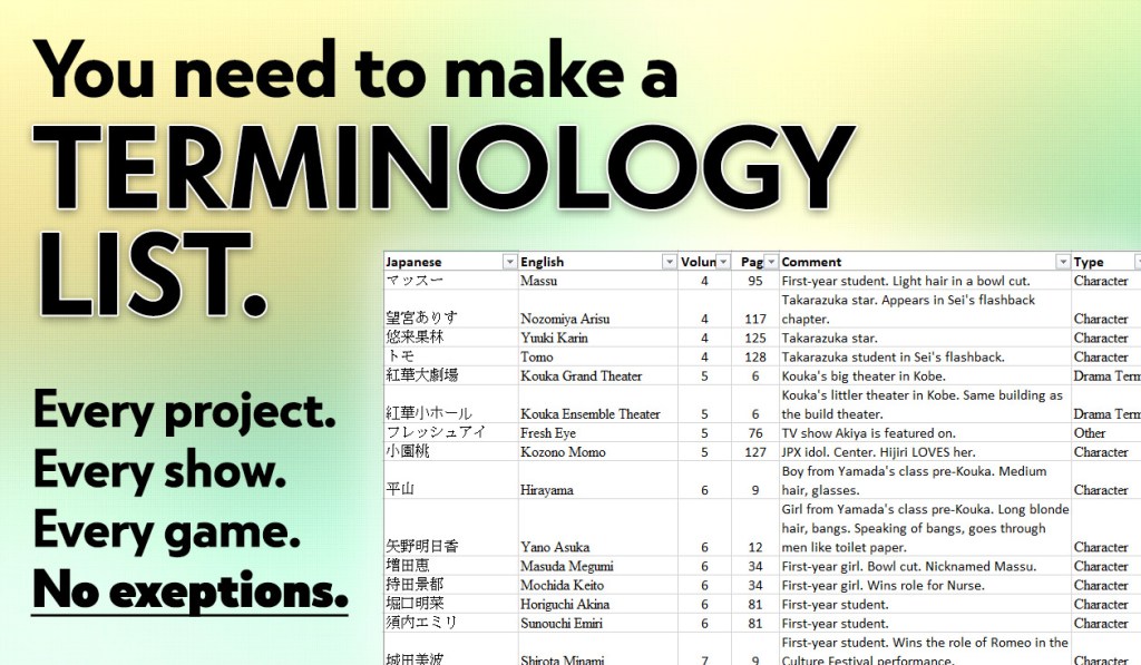 A splash image with a green background, a screenshot of a term list, and large text that reads:
You need to make a term list. Every project. Every show. Every game. No exceptions.